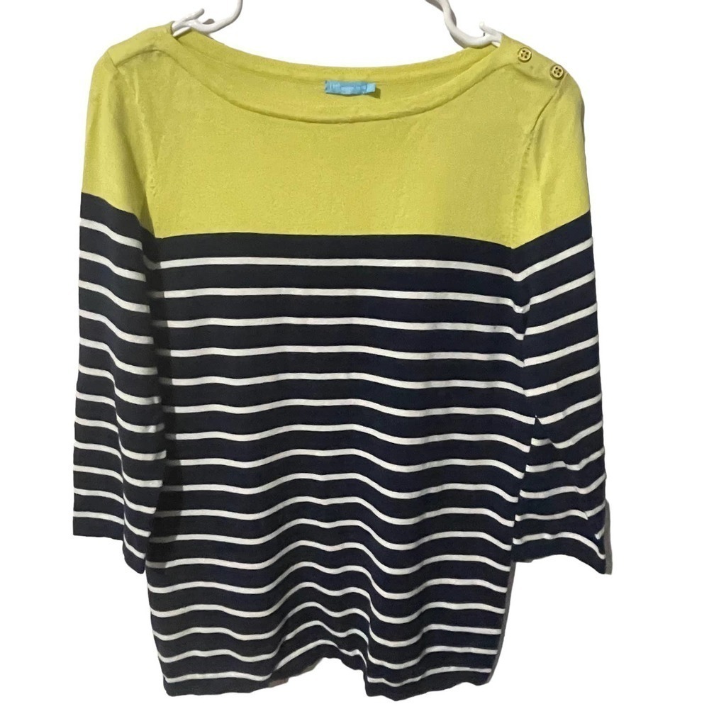 J McLaughlin Striped Boat Neck Top w/Button Detail